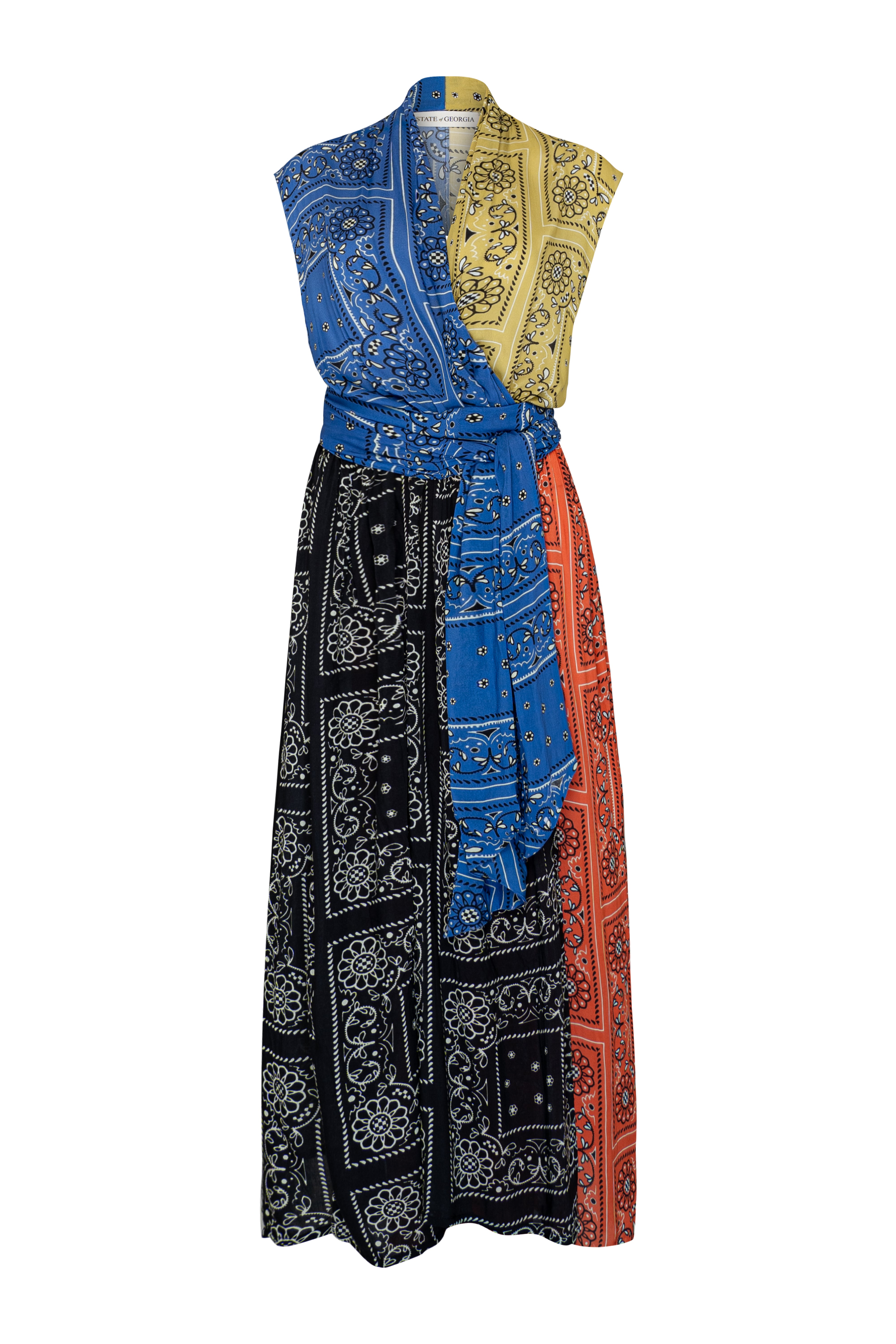 THE POINT DRESS MAXI - PATCHWORK BANDANA BLUE/LIME/BLACK/BLOOD ORANGE