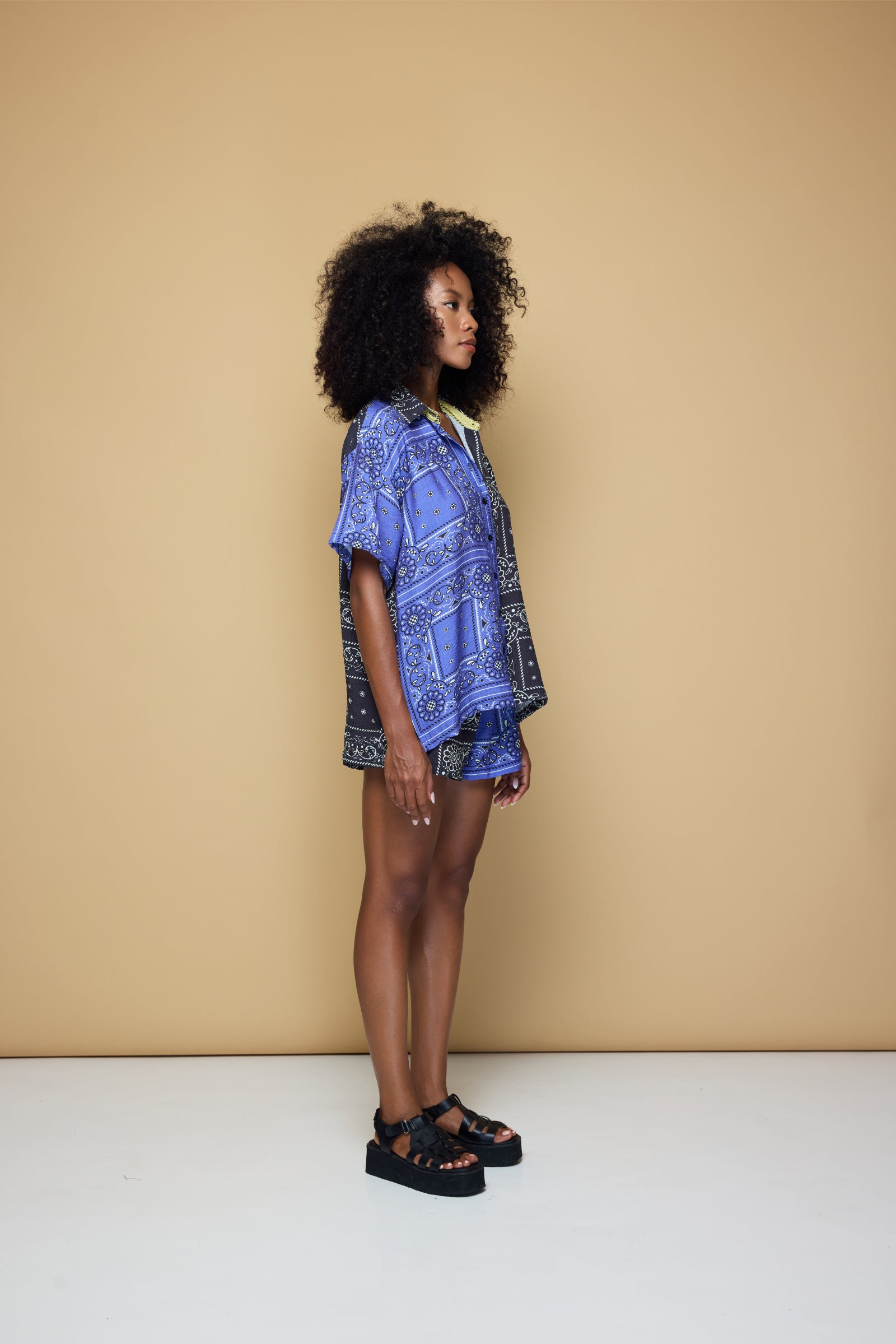 PATCHWORK SALLY SHIRT - PATCHWORK BANDANA STATE PRINT BLUE/BLACK/LIME