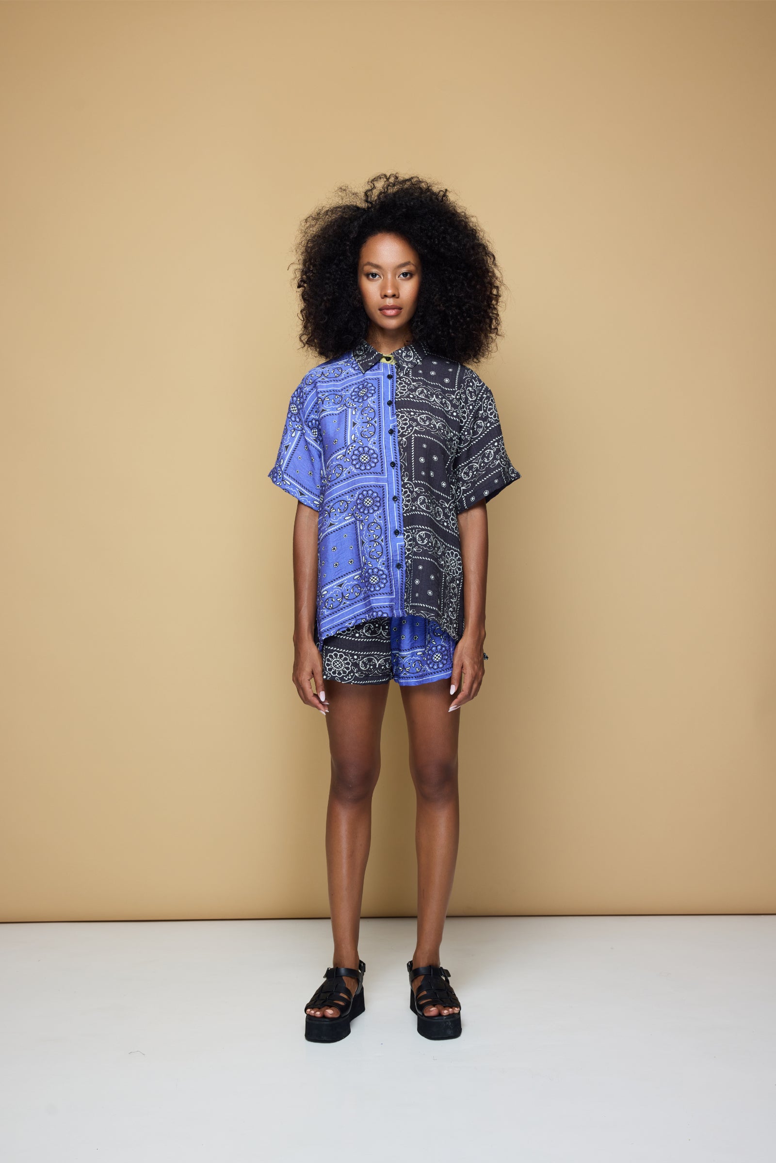 PATCHWORK SALLY SHIRT - PATCHWORK BANDANA STATE  PRINT  BLUE/BLACK/LIME